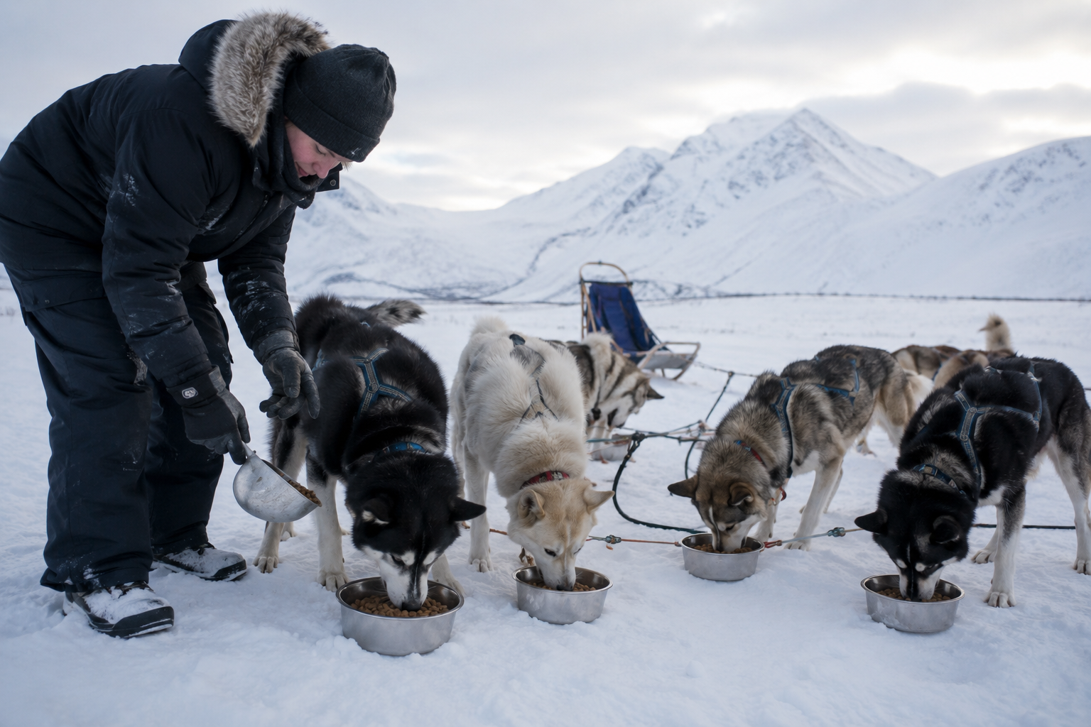 A handler feeding harnessed sled dogs in a wide Arctic landscape
