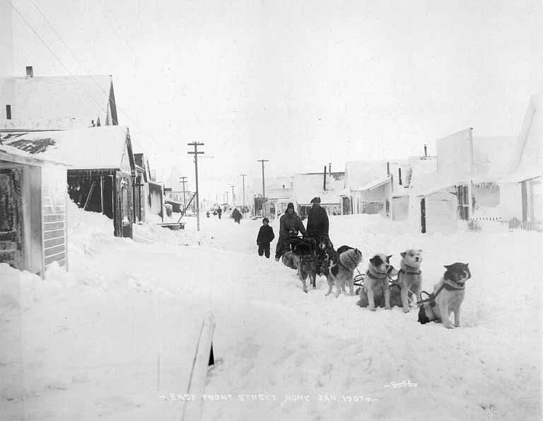 Dog sled team on East Front Street, Nome, Alaska, January 1907