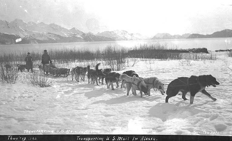 Historical U.S. Mail dog sled team in Alaska
