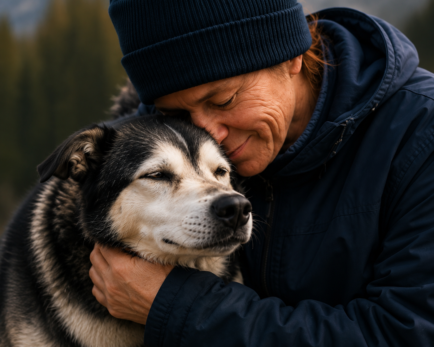 An older sled dog sharing a quiet affectionate moment with a person