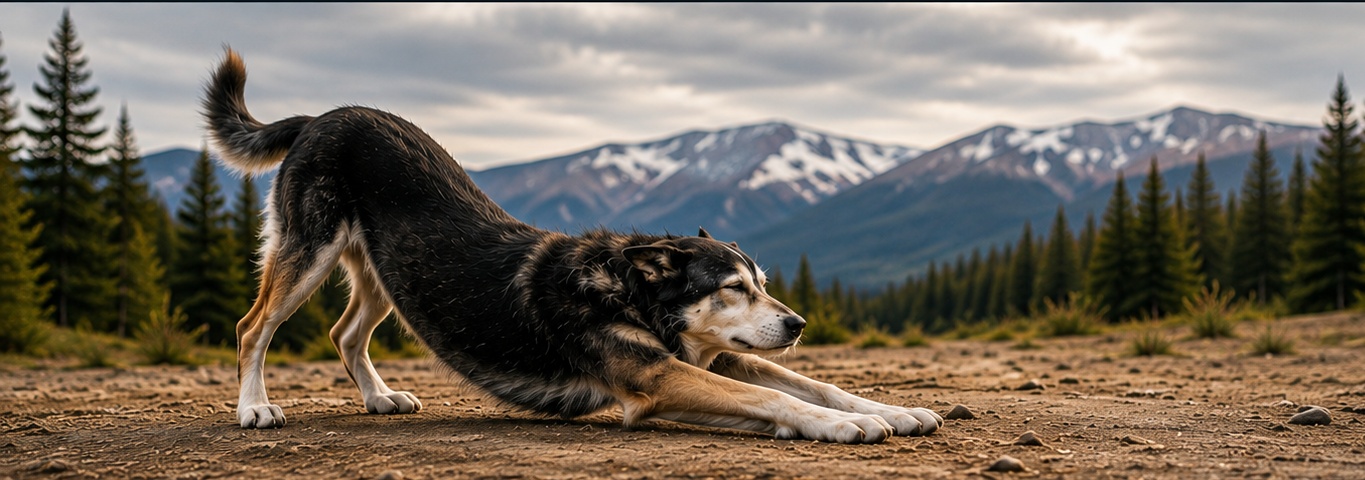 An older sled dog stretching comfortably outdoors