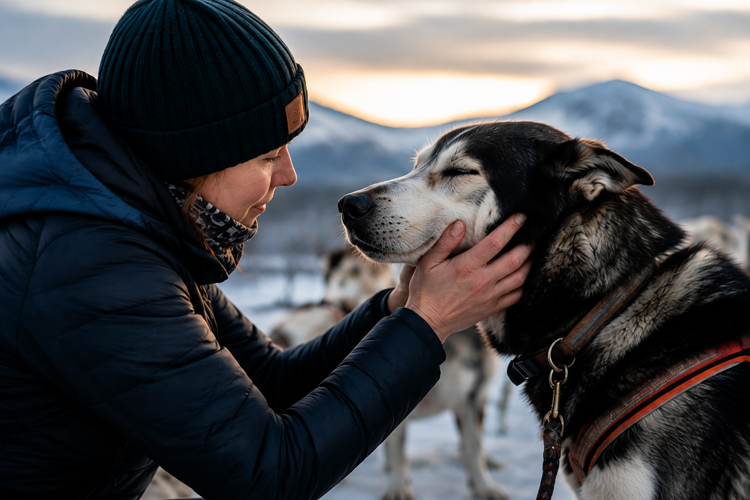 Sled dog receiving attentive care from a handler